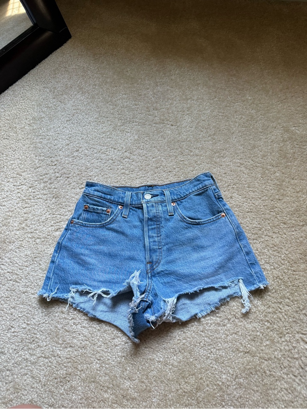 Levi's Medium Blue High-Rise Frayed Denim Shorts